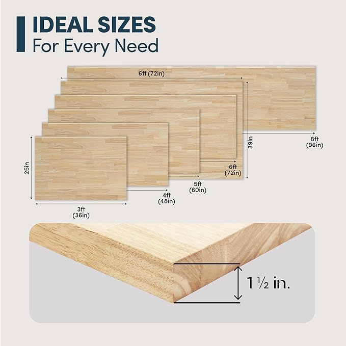 48''L x 25''W x 1.5''Th Hevea Solid Wood Butcher Block Countertop, Butcher Block Table Top for DIY Washer Dryer/Island/Kitchen Countertop (Unfinished)