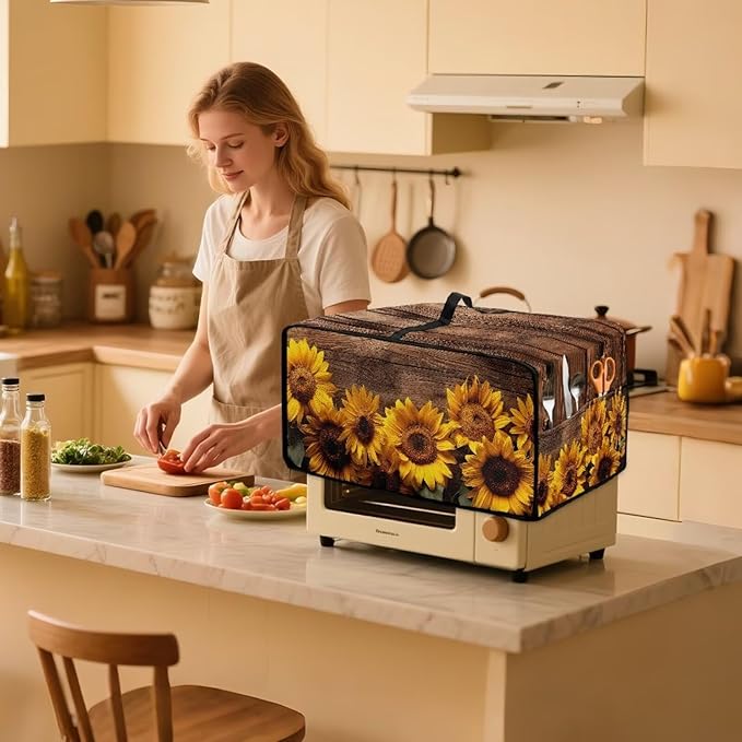 Doojoayie Sunflower Toaster Cover 6 Slice Kitchen Appliance Covers 19.7"x16"x 10" Small Appliance Dust Protector with Top Handle Easy to Storange