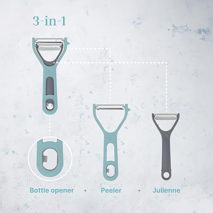 3 in 1 Vegetable Peeler – Julienne Slicer with Bottle Opener and Built-in Eye Remover – Stainless Steel Blade with Comfortable Handle – Potato, Cabbage, and Carrot Peeler for Kitchen – Pastel Blue