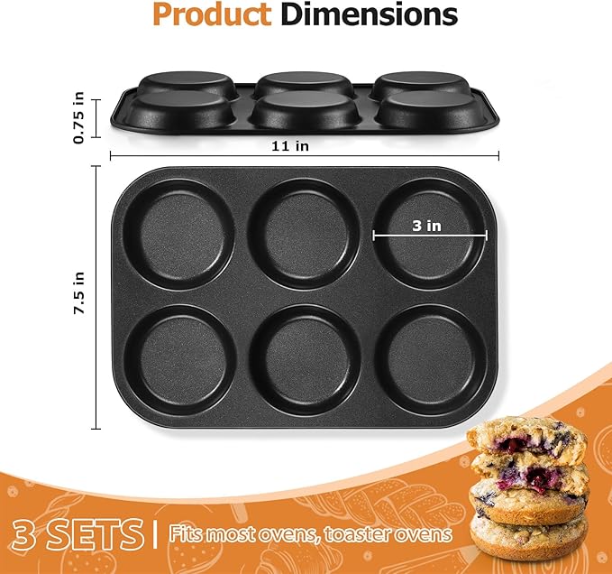 far Muffin Top Pan Set of 3, Nonstick 6-Cavity Shallow Cupcake Pan for Baking Whoopie Pie, Yorkshire Pudding, Eggs, Cornbread, Drop Cookies, Easy Release & Clean, 3-Inch Standard Size