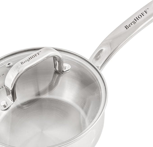 BergHOFF Belly Shape 18/10 Stainless Steel 6.25 Inches Saucepan 1.5qt., Glass Lid, Fast, Evenly Heat, Induction Cooktop Ready