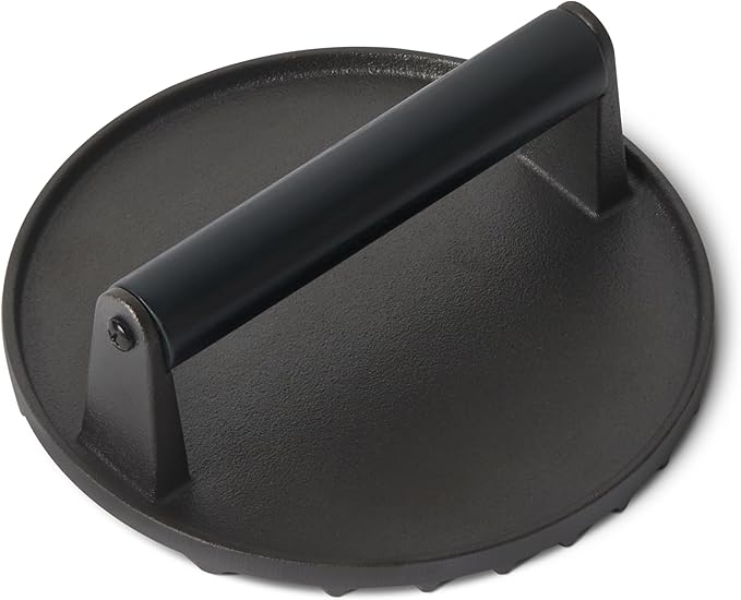 Amazon Basics Cast Iron Burger Press with Wooden Handle, Round, 6.8 x 2.7 inch, Black, 1-Pack