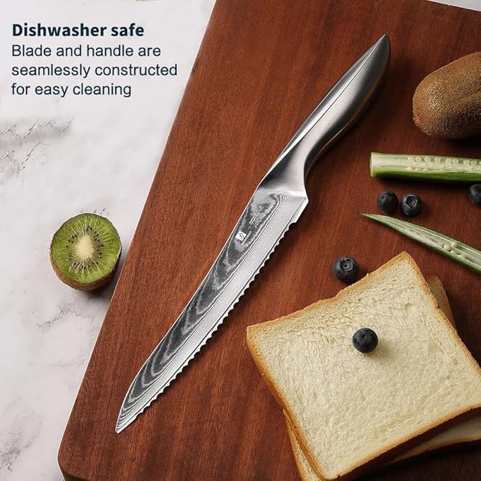 9C Damascus Steel Bread Knife: A Wide Wavy Edge Serrated Knife with an Upgraded Stainless Steel Razor Sharp 8-Inch Blade and 5.6-Inch Handle - for Delicious Homemade Bread, Bagels, and Cake.