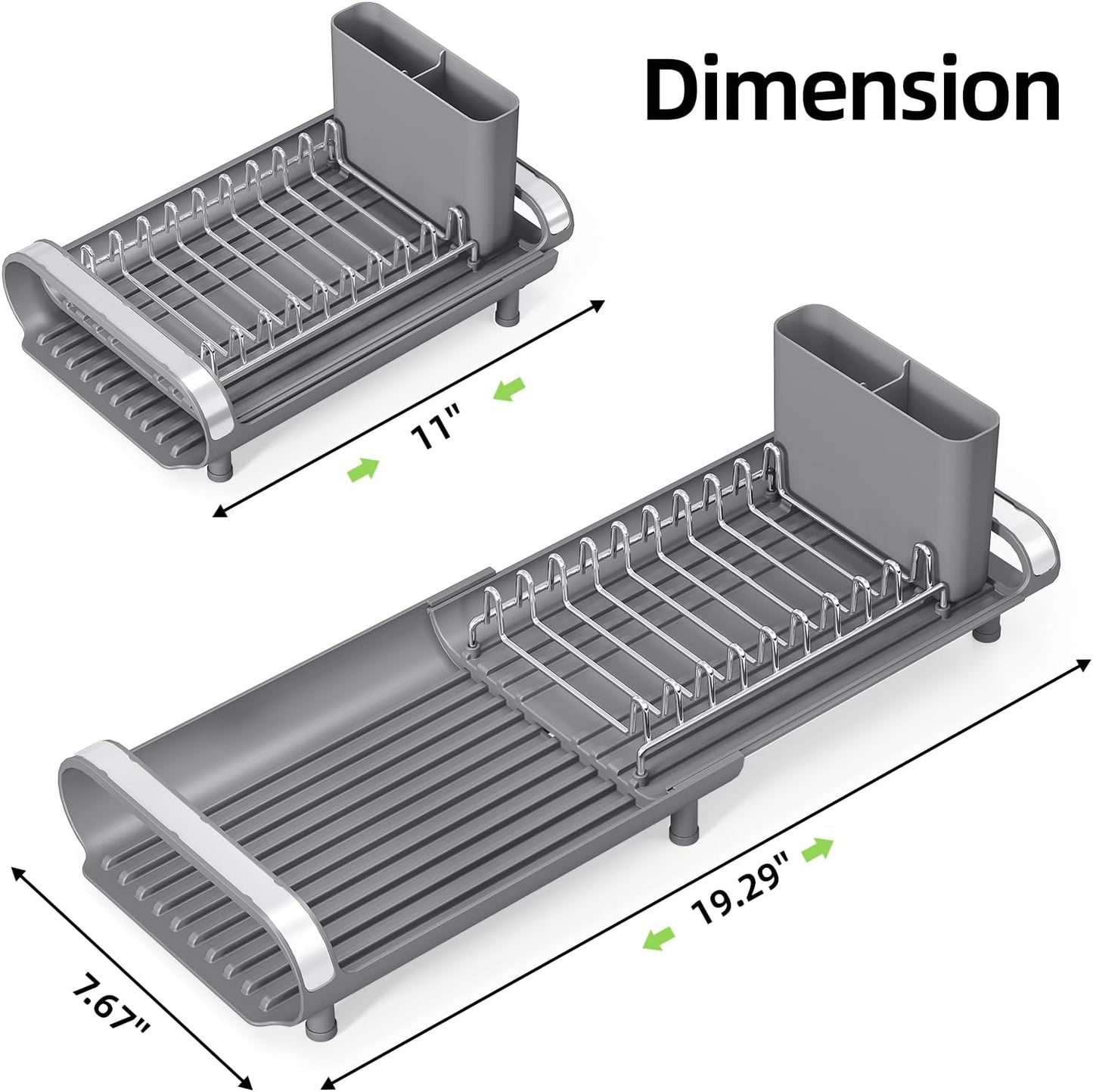 TOOLF Small Dish Drying Rack, Mini Expandable Compact Dish Rack, Slim Extendable Stainless Steel Dish Drainer for Kitchen Plate Storage, Space Saving Dish Strainer in Sink or on Home Countertop, Gray