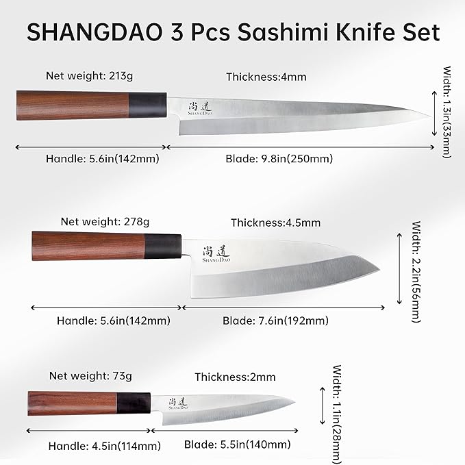 SHANGDAO Japanese Kitchen Knife Set, 3 Piece Sushi Chef Knife, 10”Yanagiba-7”Deba-5”Utility Kitchen Knife Cooking Knives, Premium German Stainless Steel & Traditional Wooden Handle, Gift Box