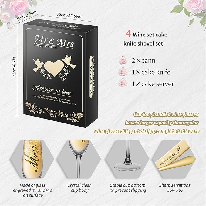 Mr and Mrs Champagne Flutes, Wedding Cake Knife and Server Set, Bride and Groom Champagne Glasses, Cake Cutting Set for Wedding, Bridal Shower Gifts, Engagement Gifts for Couples (Silver, Set of 4)