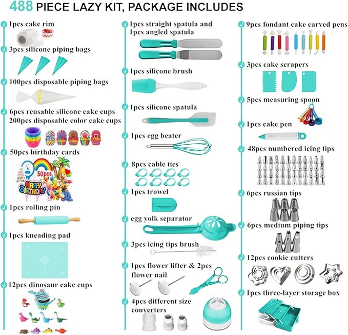 Cake Decorating Kit,Piping Bags and Tips Set,Cake Decorating Supplies,Frosting Piping Kit,Cake Baking Supplies for Beginners (488PS)