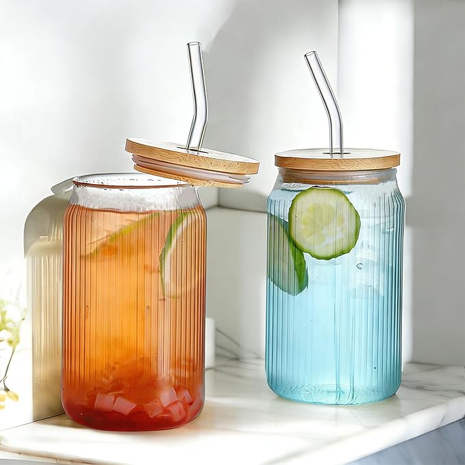 2 PCS Glass cups with Lids and Straws, 16 OZ Iced Coffee Cups, Ribbed Glass Tumbler with Straw and Bamboo Lid, Thick Drinking Beer Glasses for Coffee, Juice, Match Cup with Cleaning Brush (Yellow)