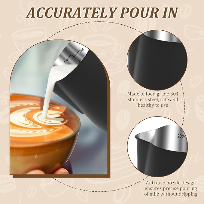 Milk Frothing Pitcher, 20oz/600ml Stainless Steel Milk Frother Cup Measurement, Barista Espresso Steaming Jug with Coffee Art Pen and Ergonomic Handle for Cappuccino Latte Art(black,600ml)