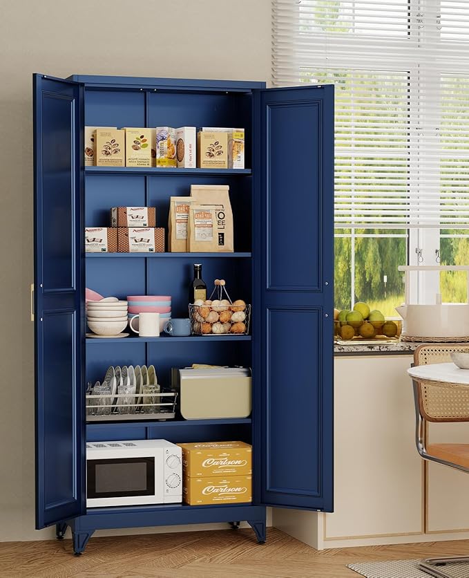 Metal Storage Cabinet with 2 Doors and 4 Adjustable Shelves, 74.8" H Kitchen Pantry Cabinets, Modern Tall Garage Cabinet for Files, Books, Tools, Toys