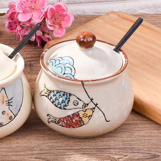 Ceramic Sugar Bowl with Lid and Spoon, Japanese Sugar Bowl with Spoon and Lid (Style 3)