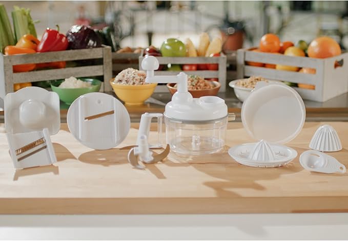 Foodini Manual Vegetable Cutter & Food Processor - Veggie Chopper, Mincer for Garlic, Onion, Herbs & Nuts - Includes Slicer, Julienne Blade, Juicer, Egg Separator - Easy Spin Handle - Easy to Clean