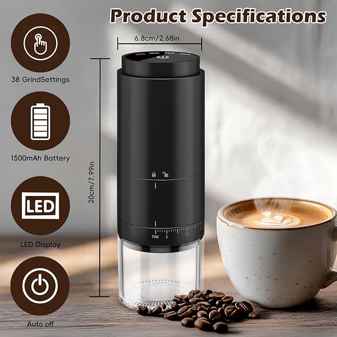 OUUTIIOL Portable Electric Coffee Grinder Rechargeable,Office 38 Adjustable Grinding Settings， LED Battery Indicator Shows Remaining Battery, Suitable for Travel, Camping, Office