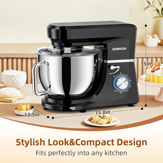 Babroun Dough Mixer 8.45 QT Electric Mixer - 660W 6 Speed Large Capacity Kitchen Stand Mixer with Whisk Dough Hook Mixing Beater Household Food Mixer for Baking Cakes Cookie Bread Salad