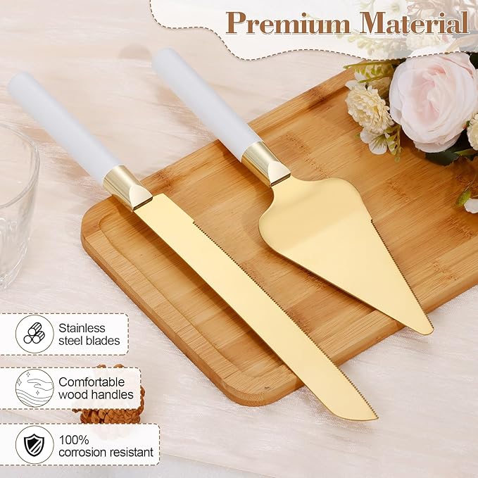 TUKDAK Gold Cake Cutting Set for Wedding, Wood Cake Knife & Server Set, Vintage 2-Piece Pie Cutter Serving Set, Serrated Pizza Utensils, Anniversary Birthday Bridal Gift (White)