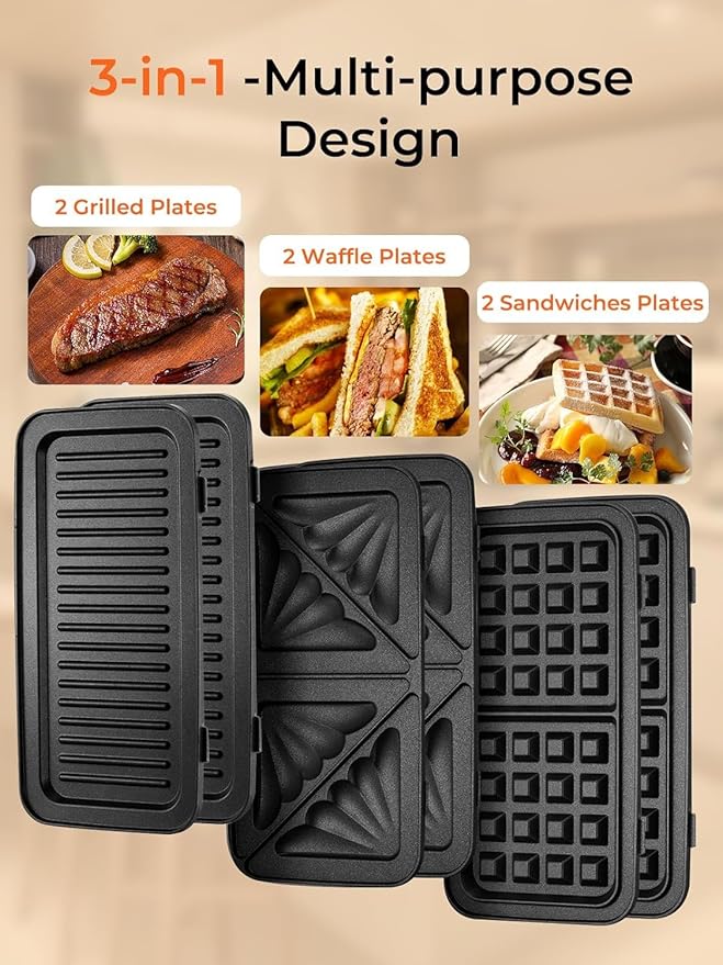 HOUSNAT Sandwich Maker, 3 in 1 Waffle Maker with Removable Plates, 1200W Panini Press with Interchangeable Non-Stick Plates, Indicator Lights, 5-gear Temperature Control (Black)