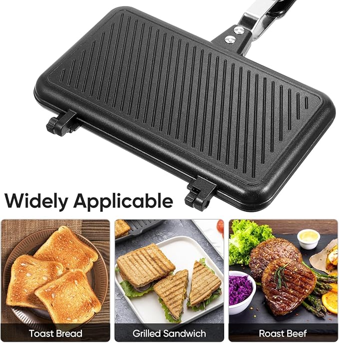 Hemoton Double-Sided Non-Stick Sandwich Baking Pan 14X9.44 Inch Ergonomic Handle Grill Plate for Stovetop Cooking Breakfast Waffles Toasts Omelets