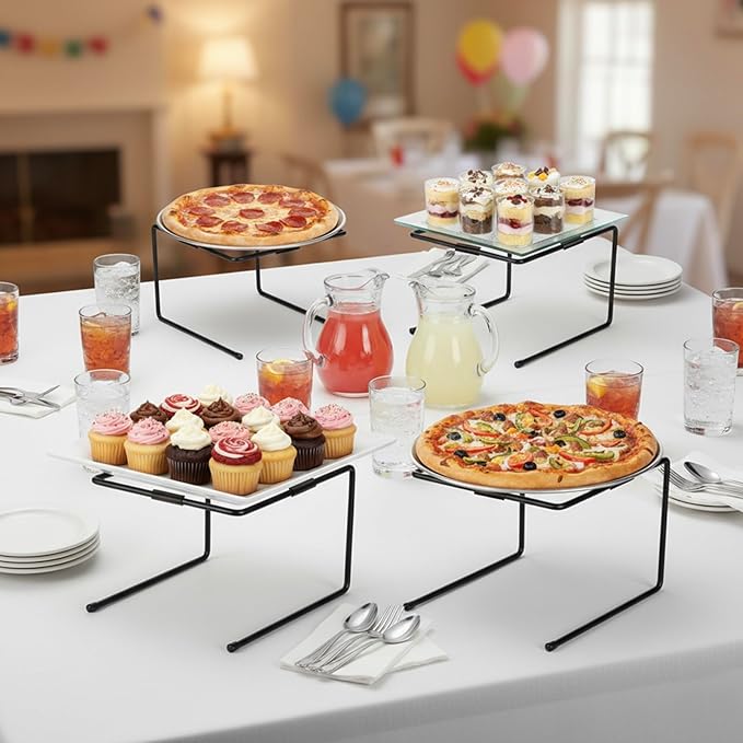 MyGift Black Metal Pizza Table Stands, Tabletop Pizza Pan Riser Food Platter Tray and Display Rack, Set of 4