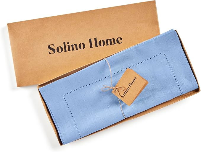 Solino Home Linen Cornflower Blue Table Runner 108 Inches Long - 100% Pure Linen Hemstitch 14 x 108 Inch Table Runner for Dining, Spring, Easter - Classic Hemstitch