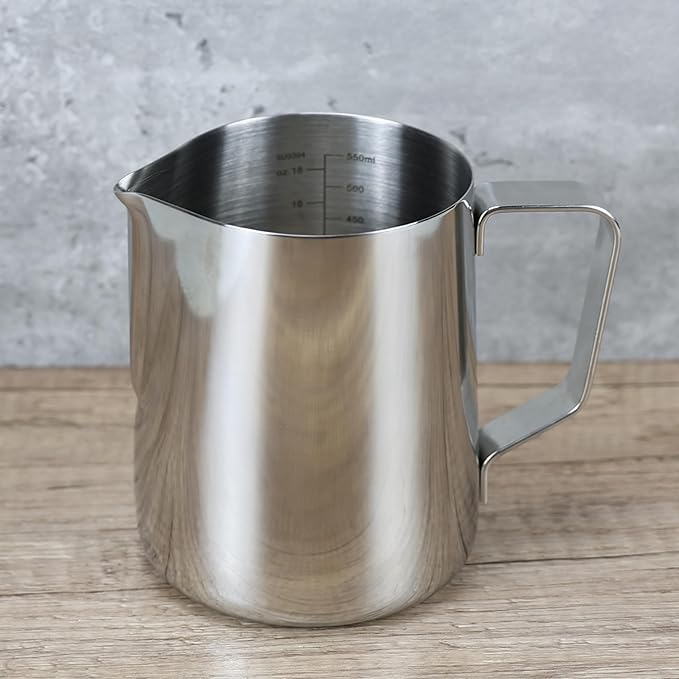 EIKS Stainless Steel Measuring Cup Steaming Pitcher Milk Frothing Jug with Handle, Pour Spout and ML/Ounce Scale (600ml)