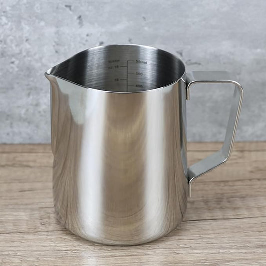 EIKS Stainless Steel Measuring Cup Steaming Pitcher Milk Frothing Jug with Handle, Pour Spout and ML/Ounce Scale (600ml)