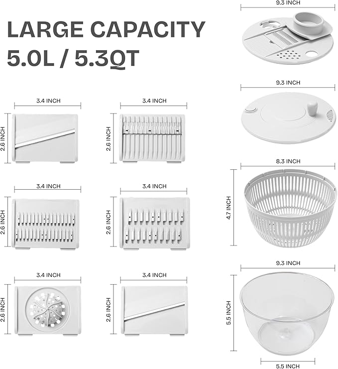 Large Salad Spinner 7-in-1 – Vegetable & Fruit Washer, Dryer, Slicer, Shredder, Juicer – Non-Slip, BPA-Free, Dishwasher Safe Lettuce Spinner Bowl for Meal Prep (White)