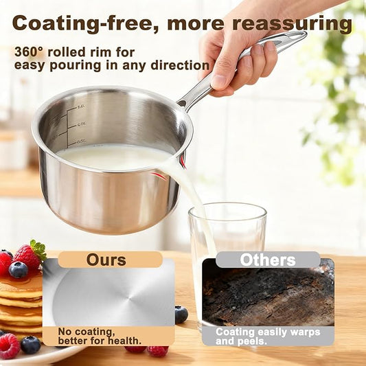 MOUTIUS 1QT+2QT+3.5QT With Steamer Handle Triple Stainless Steel Saucepan with Lid, Ramen Pot with Clear Glass Cover, Small Sauce Pan for Cooking Oatmeal, Dishwasher-Safe, Suitable for All Stoves