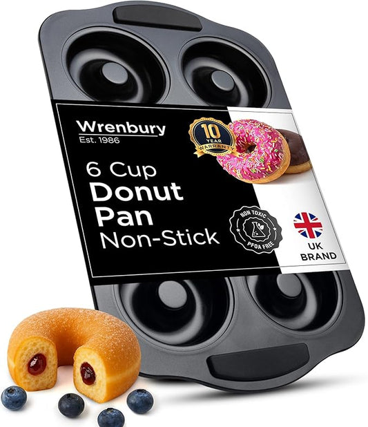 Wrenbury Donut Pan for Baking - Non-Stick Carbon Steel 6-Cup Mold with Silicone Grip Handles, PFOA Free, Easy Release, Even Heating, Oven and Dishwasher Safe, 3.5 Inch Large Cups
