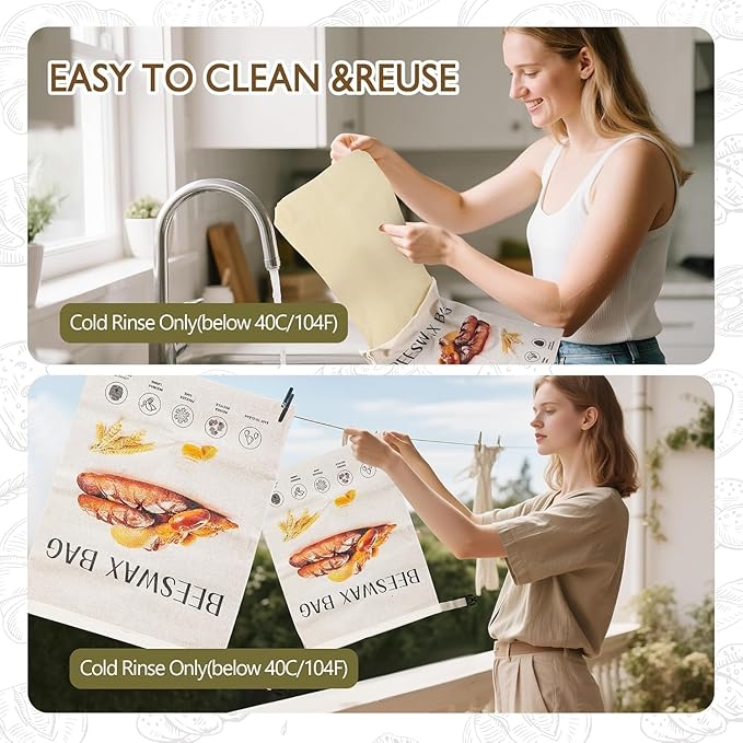 2-Pack Reusable Beeswax Bread Bags for Homemade Bread Sourdough, 2 Natural XL Beeswax 100% Linen Moisture-proof Lined Storage Bags with Buckle& 1 Bowl Covers –Easy to Clean,Keeps Bakes Fresh Longer