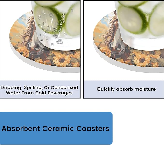 Round Coasters Set of 2, Horse Sunflowers Sunny Sky Absorbent Ceramic Coaster with Cork Base, Bar Coasters for Drinks Coffee Mugs Tea Cups Wine Glasses Home Decor Gifts (4 inches)