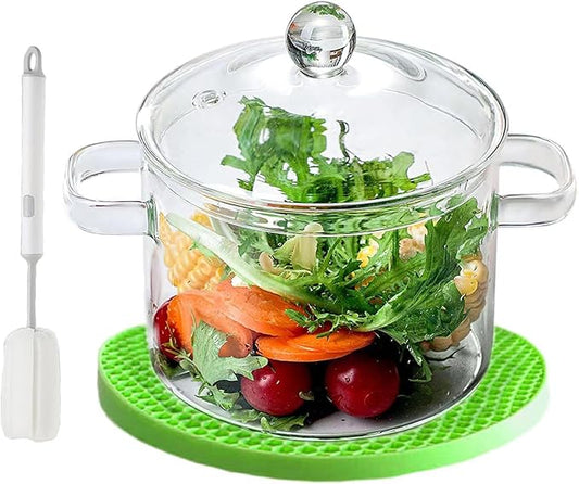 2L Clear Simmer Potpourri Pot with Lid 67OZ Glass Saucepan with Cover Glass Pots Set for Cooking On Stove Handmade Glass Cookware Set Cooktop Safe for Milk,Pasta Noodle, Soup