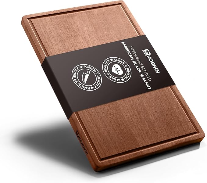 KOBACH Black Walnut Wood Cutting Board – 11"x17" Durable, Non-Toxic Double-Sided Wooden Chopping Board for Kitchen, Butcher Block with Juice Grooves