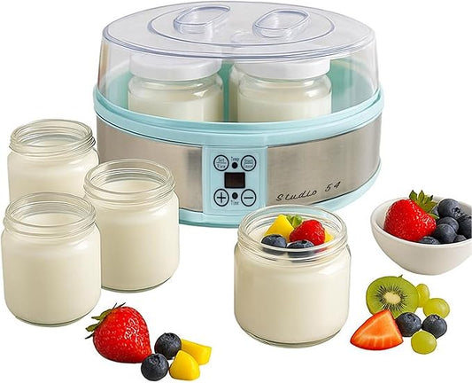 Studio 54 Yogurt Maker Machine with 7 Reusable Glass Jars (6oz Each), Probiotic Greek Yogurt Maker with Precise Time & Temperature Controls, Retro Blue Digital Yogurt Maker