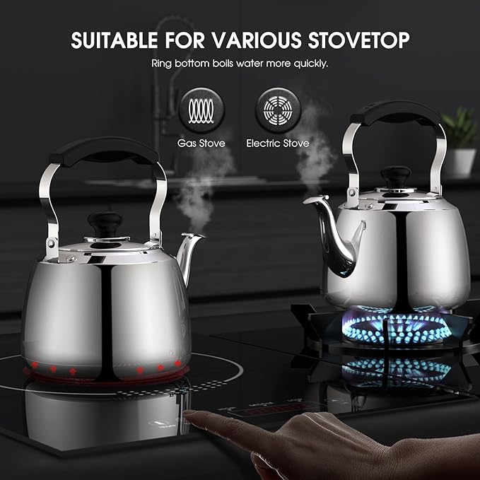 Tea Kettle, Stainless Steel Stovetop Whistling Tea Kettles 2L, Mirror Polished Food Grade Stainless Steel Tea Kettle Stovetop