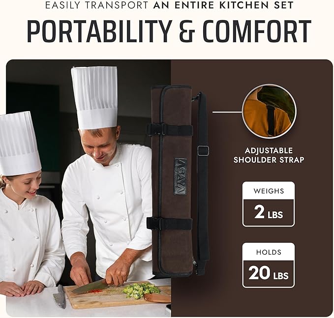 Asaya Canvas Chef Knife Roll Bag - 10 Knife Slots and a Large Zipper Pocket - Durable 10oz Canvas Knife Case with an Adjustable Shoulder Strap - Knives not Included
