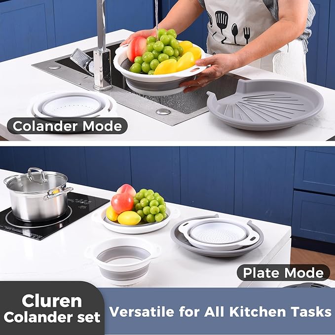 Collapsible Colander Set with Oversized Draining Tray | 3-Pack Foldable Kitchen Strainers + Base | Space Saving for Pasta, Veggies, Fruit & Rice | 5 Colors (Gray-White)