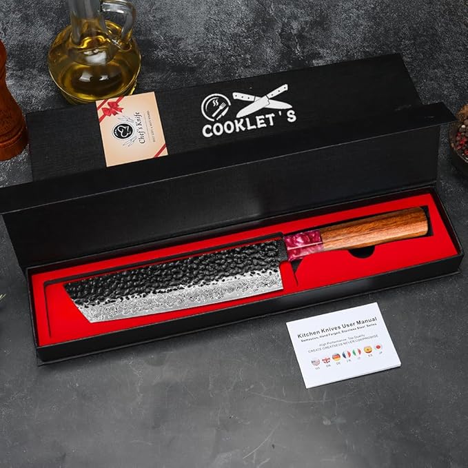 COOKLET'S Nakiri Knife, Professional VG10 Damascus Stainless Steel Kitchen Knife, Ultra Sharp Vegetable Meat Cooking Knife, G10 Ergonomic Color Wooden Handle with Luxury Gift Box for Home