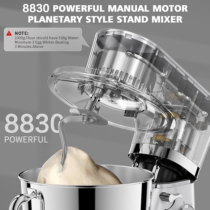 POWWA 7.5 Quart Electric Mixer, 6+1 Speed 660W Tilt-Head Kitchen Food Mixers with Whisk, Dough Hook, Mixing Beater & Splash Guard for Baking, Cake, Cookie (Silver)