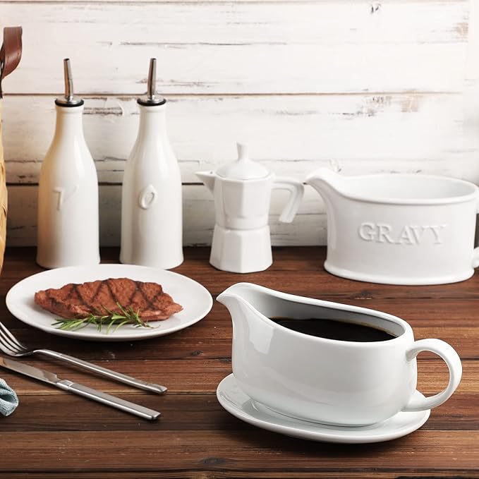 25 oz Gravy Boat and Tray, Ceramic White Gravy Boat with Saucer Stand for Dining, 2 Pieces Procelain Gravy Boat and Saucer