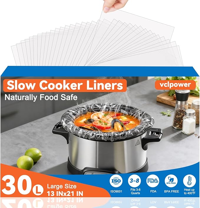 Vclpower Slow Cooker Liners 13”x21”, Large Size Disposable Cooking Bags, BPA-Free Pot Liners Fit 3–8 Quart slow cooker pot, Suitable for Oval & Round Slow Cooker, 30 Count