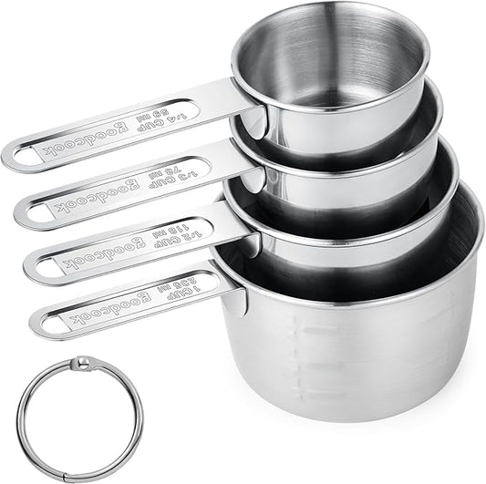 Measuring Cups 4 Pieces, Stainless Steel Measuring Cups, Stackable Design with Metal Handle for Dry and Liquid Ingredients, Ideal for Cooking & Baking