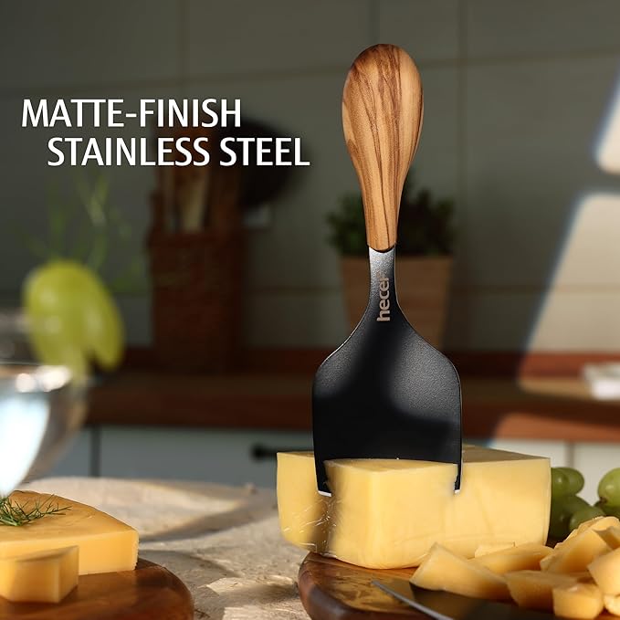 hecef Cheese Knife Set of 3, Includes Pronged, Hard Cheese & Chisel Knife, Matte Black Stainless Steel Knives with Wood Grain Handles, Cheese Tools for Charcuterie Boards, Entertaining, Feast