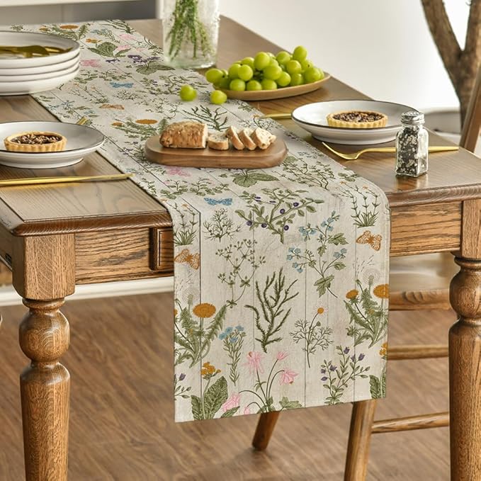 Artoid Mode Wood Wild Flowers Floral Spring Table Runner, Seasonal Summer Kitchen Dining Table Decoration for Home Party Decor 13x90 Inch