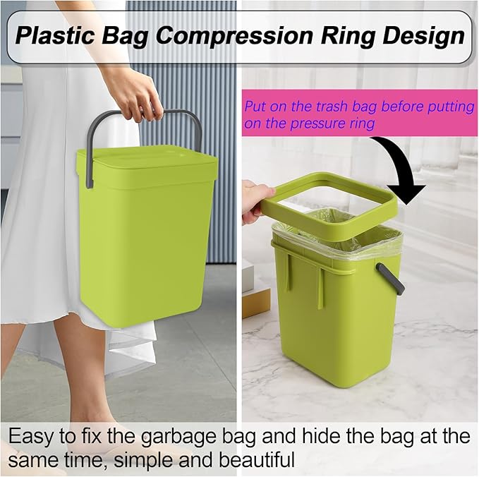 Compost Bin Kitchen, for use on Countertops or Under Sinks, Hanging Trash Can with Lid, for Cupboard/Bathroom/Bedroom/Office/Camping, Mountable Indoor Compost Bucket(Green 1.3 Gallon/5L)
