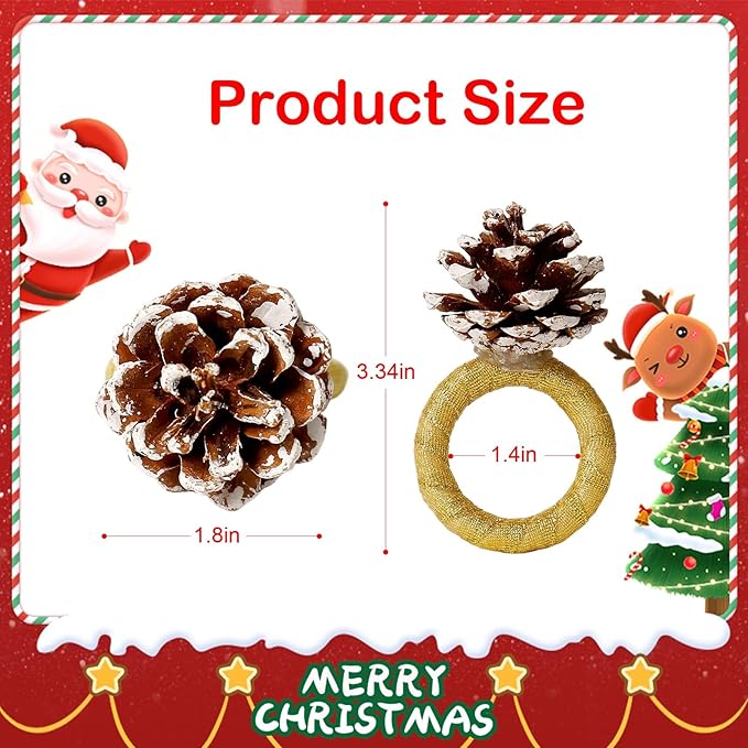 Christmas Napkin Rings Set of 8, Snow Pinecone Rings with Gold Rabbin Buckle Rustic Napkin Rings for Christmas Thanksgiving Holiday Table Dinner Celebration