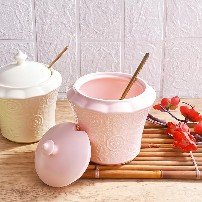 13.5oz Sugar Bowl with Lid and Spoon Pink Ceramic Sugar Creamer Container, Sugar Jar, Durable Sugar Pot for Coffee Bar Accessories, Coffee Bar Decor