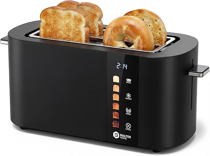 Balter Toaster 4 Slice Wide Slot, Bagel Function, Long Slot, Stainless Steel, Touch Screen, Built-in Rack, Extra-Wide 1.5" Slots for Thick Breads & Bagel, Timer, BPA-Free, Removable Tray, Black