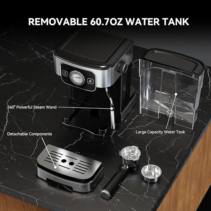 TINTALK Espresso Machine 20 Bar with Steam Milk Frother, Stainless Steel Coffee Machine with Removable Water Tank for Cappuccino,Latte, Compact Stainless Steel Coffee maker for home,Great Gift