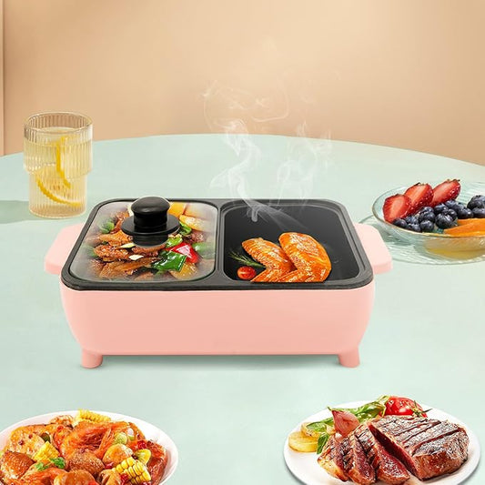 Electric Hot Pot with Grill 2-in-1 Non-stick Pan and Griddle Combo Multi-functional Barbecue Shabu Hot Pot Pink Indoor Cooking Appliance with Dual Temperature Control for 1-4 People