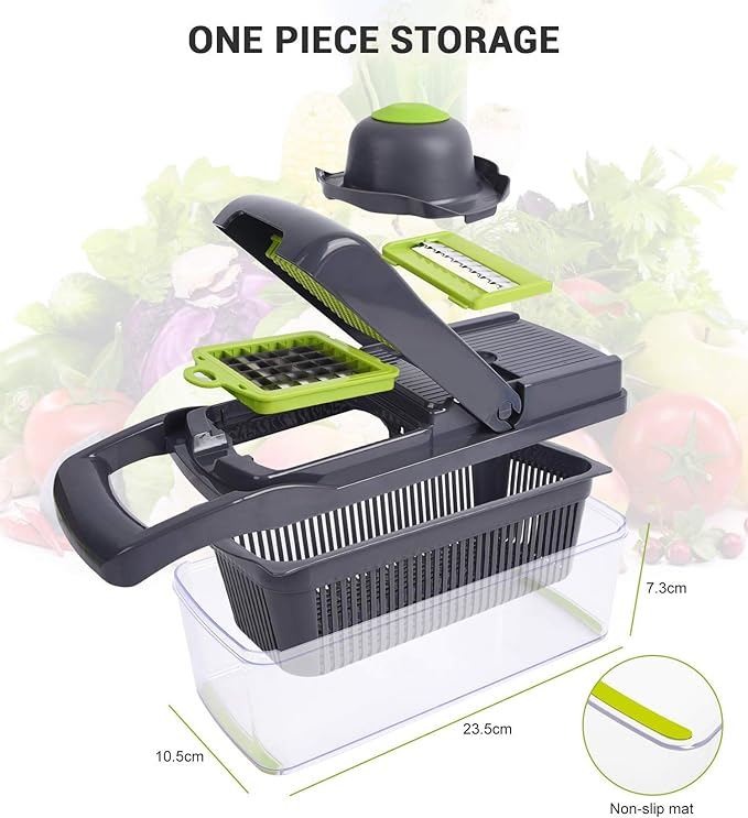 ADOV Vegetable Chopper, 14 in 1 Multi-Function Kitchen Mandoline Slicer, 7 Replaceable Stainless Steel Vegetable Cutter with Egg Separator Hand Guard Julienne Grater for Onion Potato Fruits (Grey)